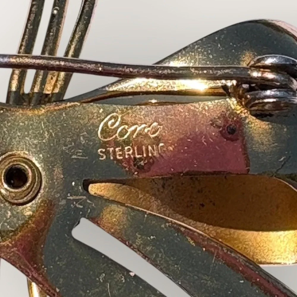 Vintage Coro Sterling Gold Vermeil Bow Brooch Pin Teal Blue Green Rhinestones